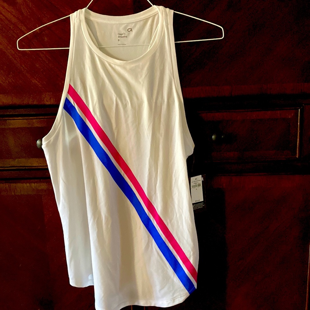 GapFit Breathe small tank top.New w/Tags. White w/ blue and pink side striping.